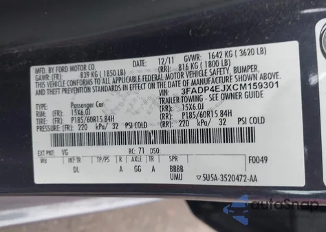 2012 Ford Fiesta Se z USA, uszkodzony, nr VIN 3FADP4EJXCM159301